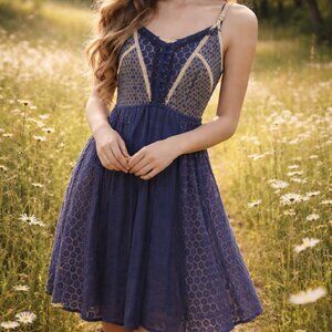 Ryu navy blue tan cottage prairie romantic boho rustic short flirty dress small